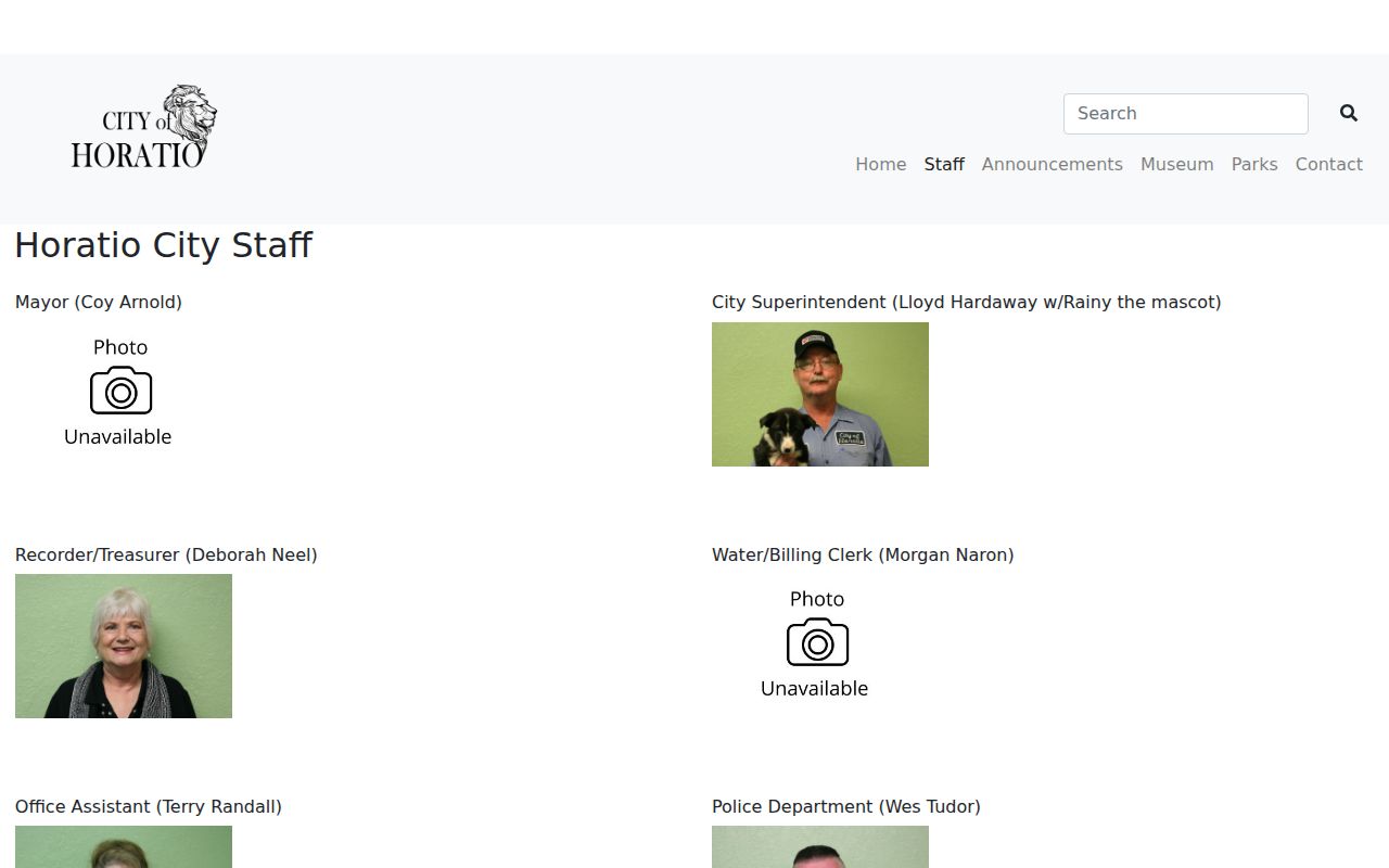 Horatio official city staff page listing police department