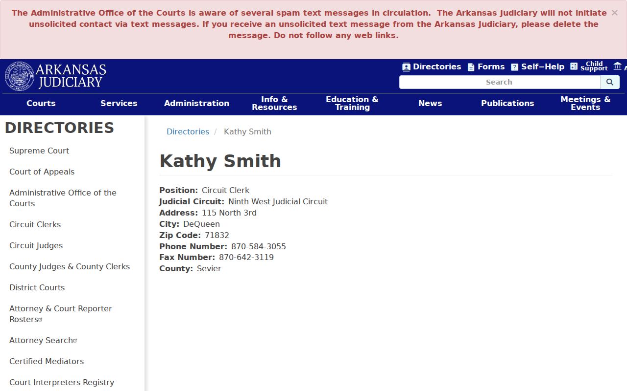Arkansas Judiciary directory for the Sevier County Circuit Clerk
