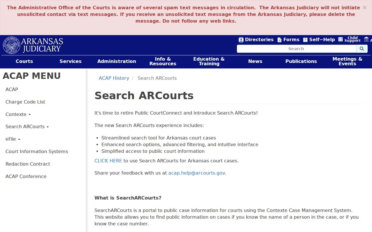 Arkansas Judiciary Search ARCourts information page