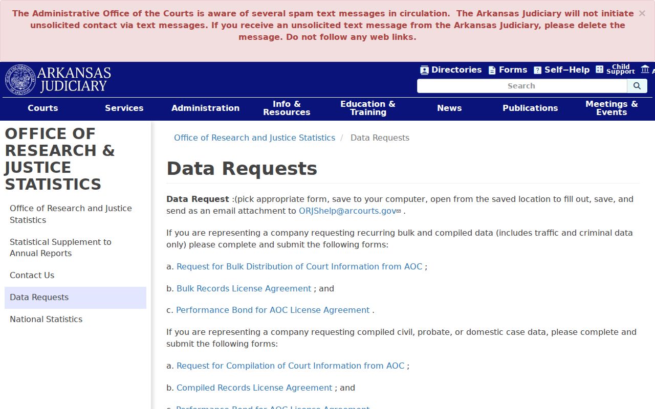 Arkansas Judiciary court data request page
