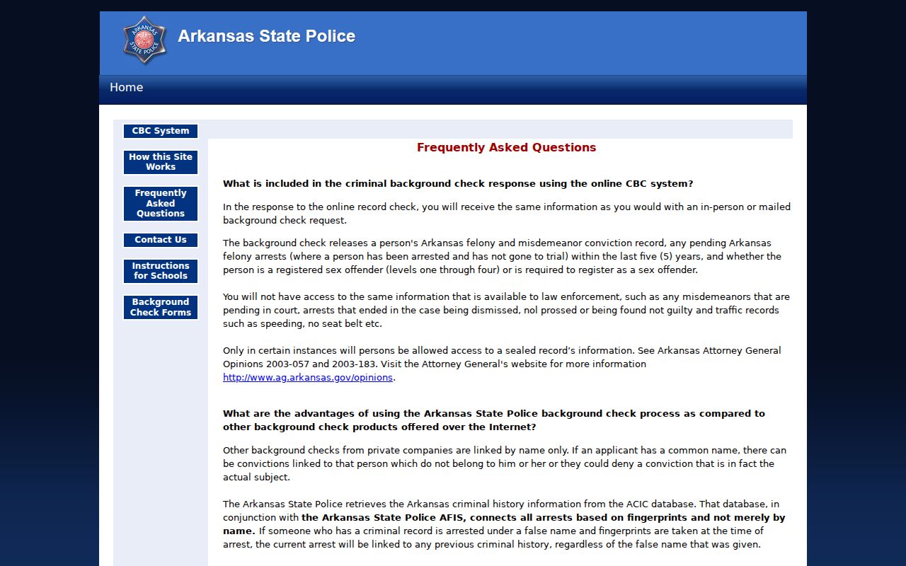 Sevier County criminal history Arkansas CBC fingerprint FAQ